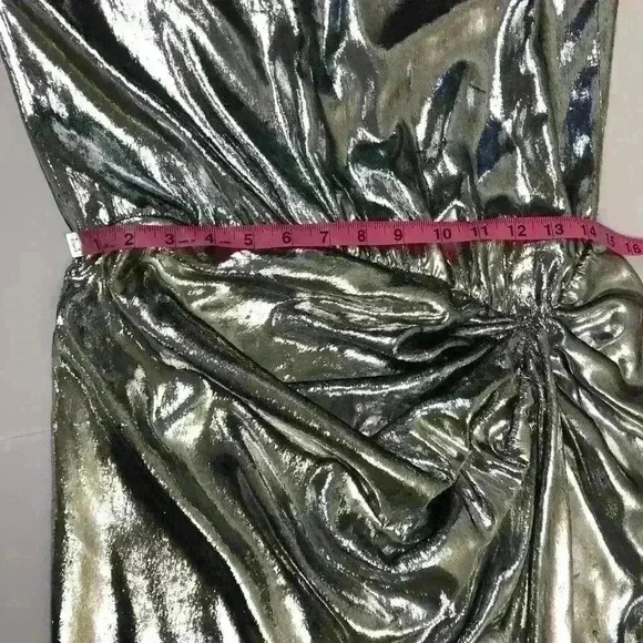 Saint Laurent Womens Silver Draped Waist Faux Wrap Metallic Silk Dress FR 40 - Picture 12 of 16